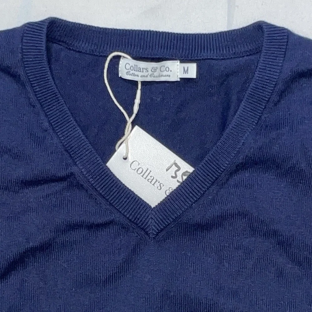 Collars and Co Luxury Touch Cotton Cashmere V-Neck Sweater Navy Mens M